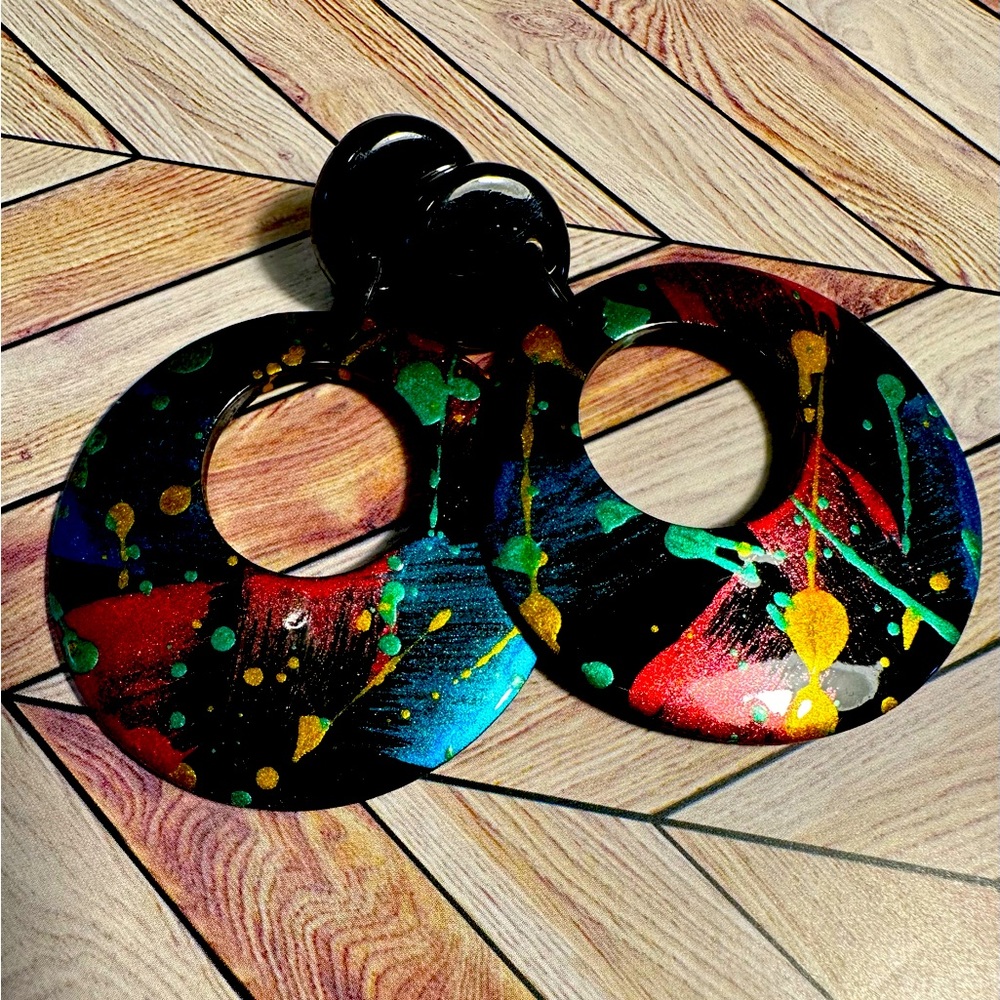 90s vintage splash painted earrings. Enamel on wood. Surgical steel posts.